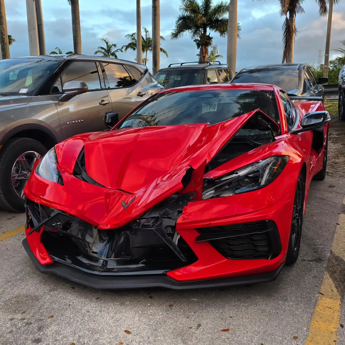 Corvette Stingray with damage before repair at Marlin Motors in Cutler Bay, FL