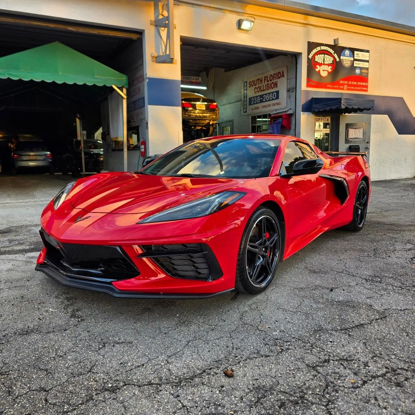 Corvette Stingray after collision repair and repaint at Marlin Motors in Cutler Bay, FL
