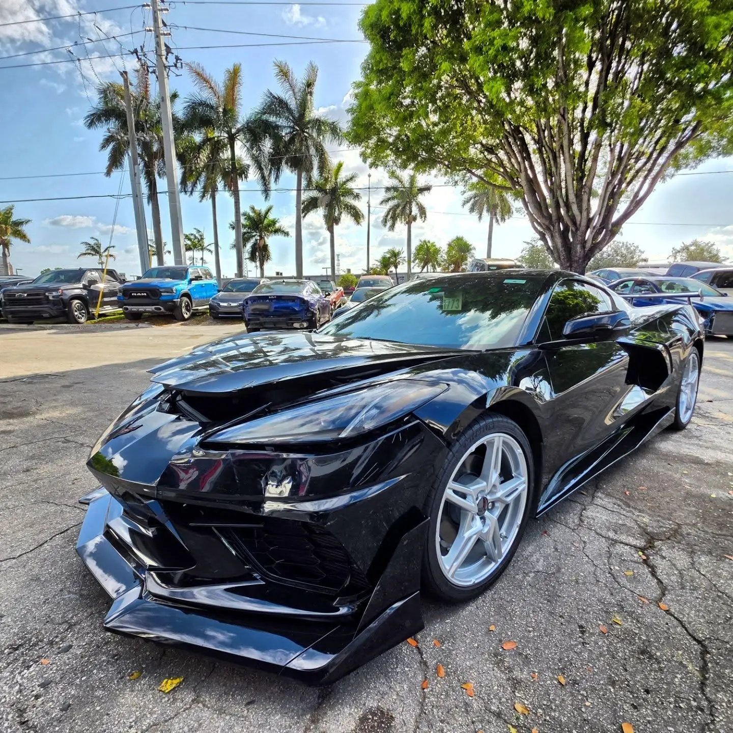 Corvette ZR1 with damage before repair at Marlin Motors in Cutler Bay, FL