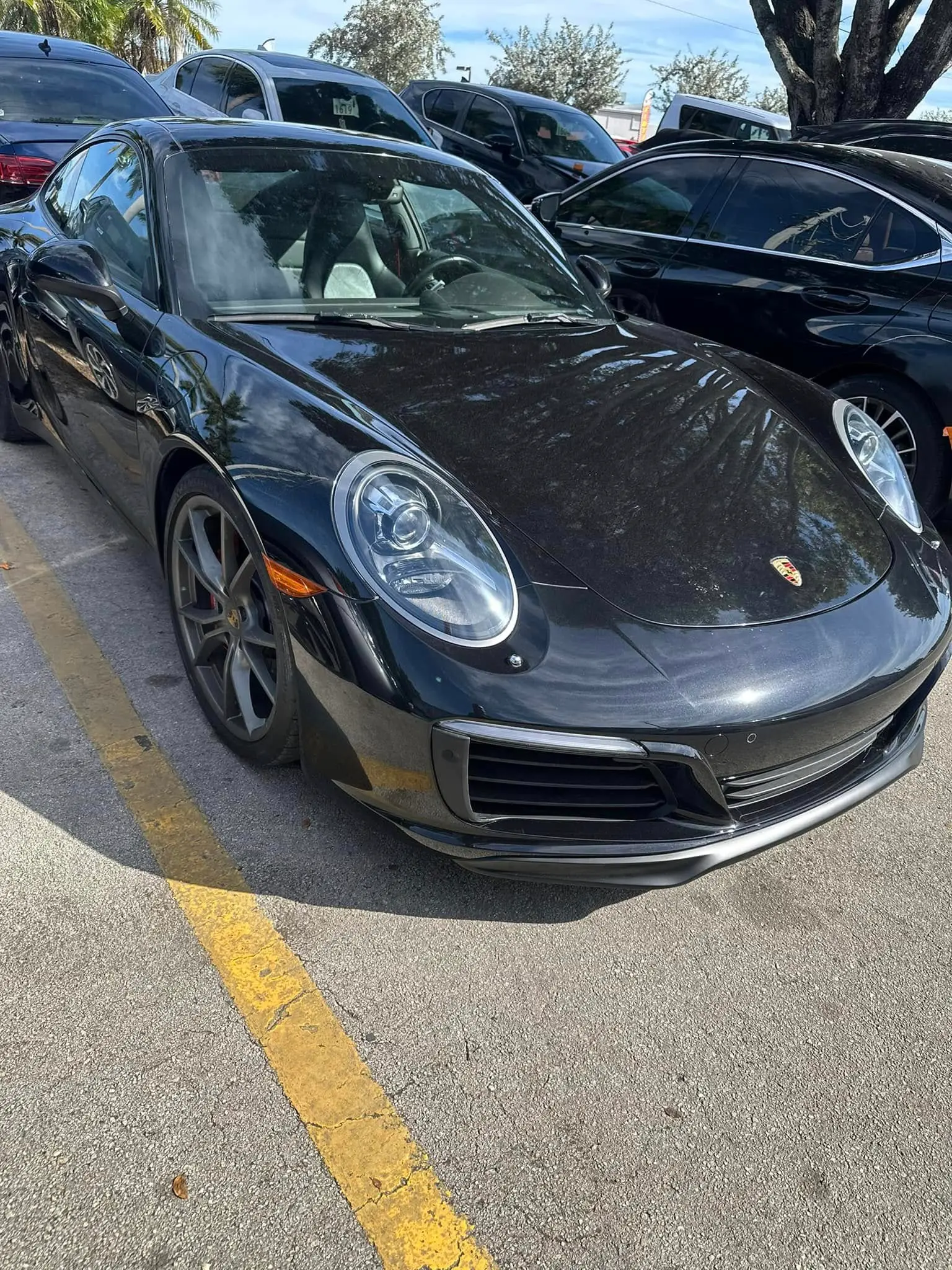 Black Porsche 911 Carrera parked at the Marlin Motors body shop in Cutler Bay, FL